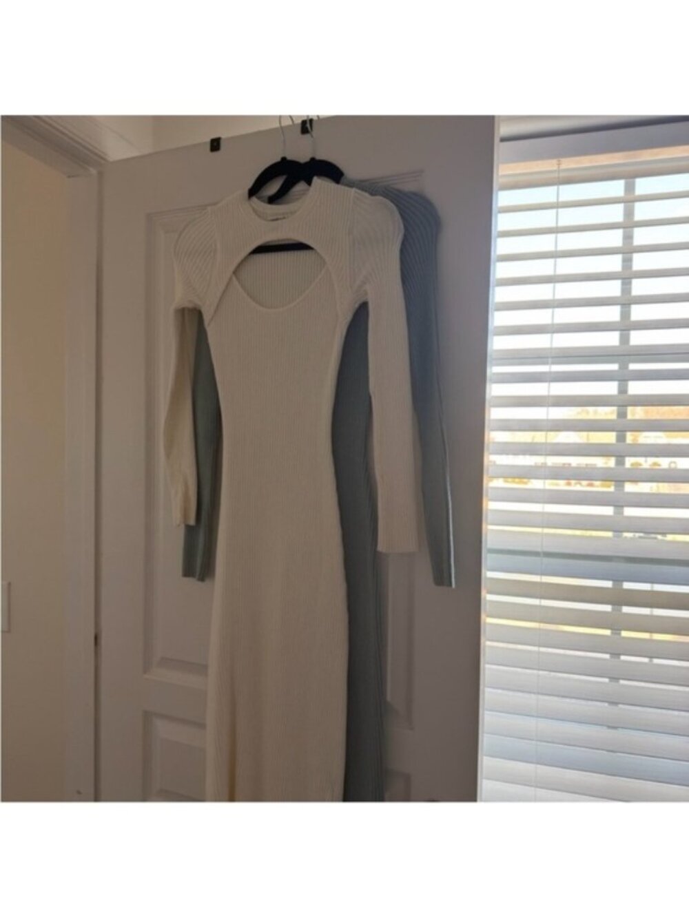 Women's Ribbed Cutout Long Sleeve Dress - Cream